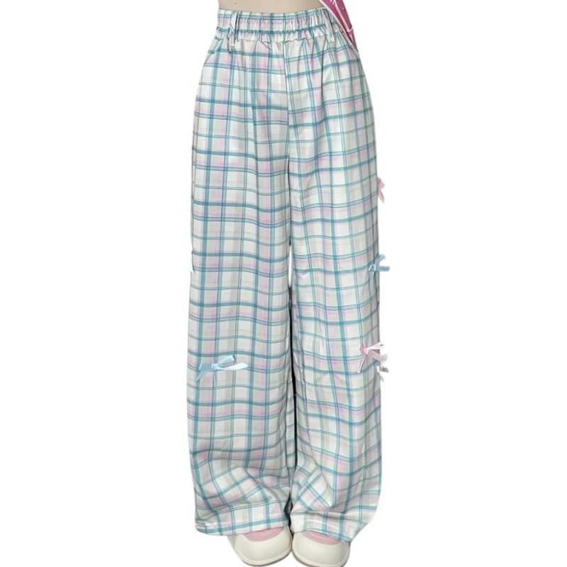 Pantalon écossais Lolita bleu pastel et rose à carreaux, coupe large avec taille élastique et petits nœuds décoratifs sur les côtés