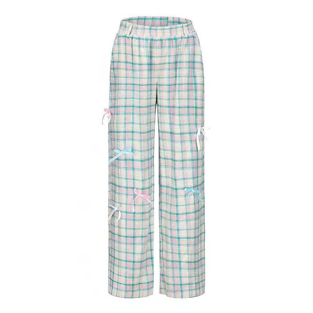 Pantalon écossais Lolita bleu pastel et rose à carreaux tartan avec détails noués sur les jambes