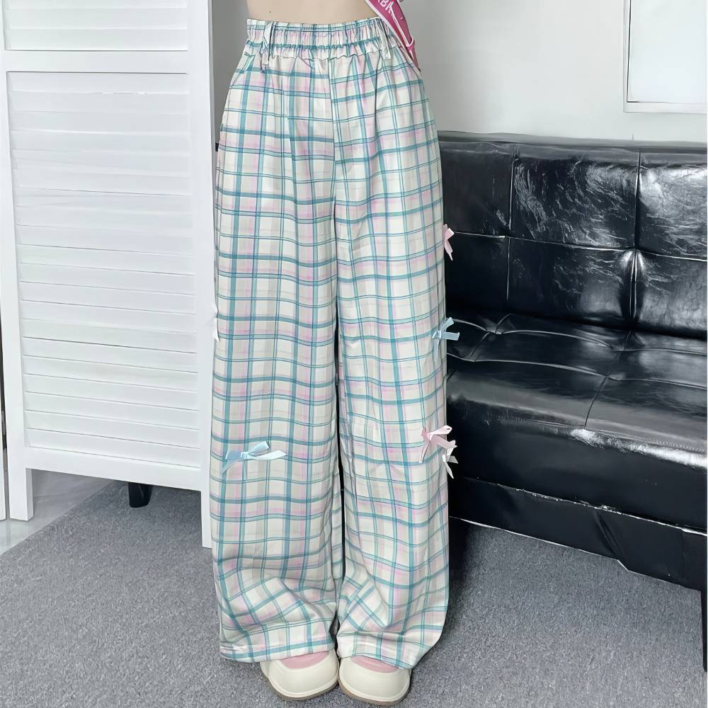 Pantalon écossais Lolita bleu pastel et rose à taille élastique avec motif tartan vintage