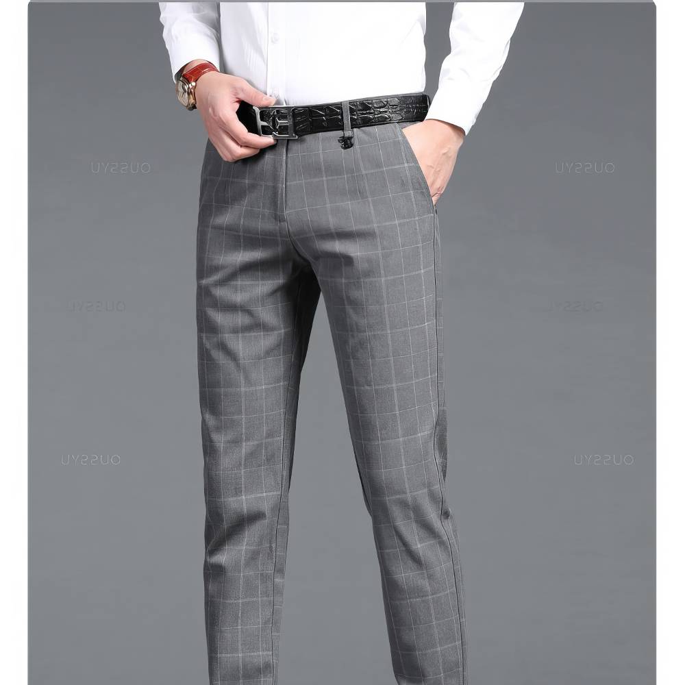Pantalon écossais professionnel homme gris à motif tartan avec ceinture noire, vue avant taille et jambes