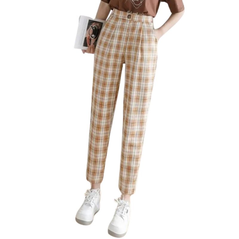 Pantalon écossais taille haute femme beige et blanc à motif tartan avec coupe droite et ceinture intégrée