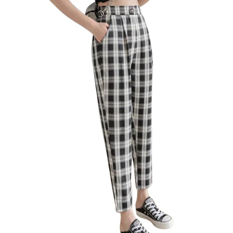 Pantalon écossais taille haute pour femme en noir et blanc avec motif tartan, coupe droite et poches latérales