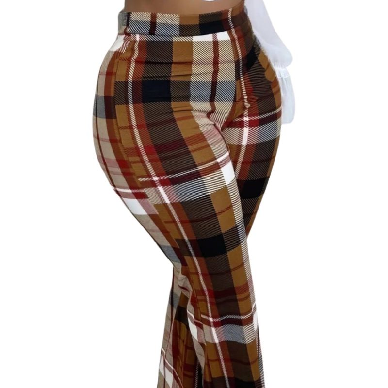 Pantalon évasé à carreaux écossais orange et marron en tissu tartan, coupe ajustée à la taille et jambes larges