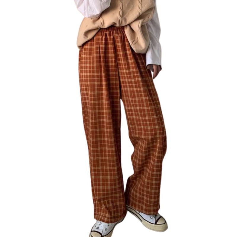Pantalon large femme en tissu écossais orange et beige à carreaux, coupe ample avec taille élastique