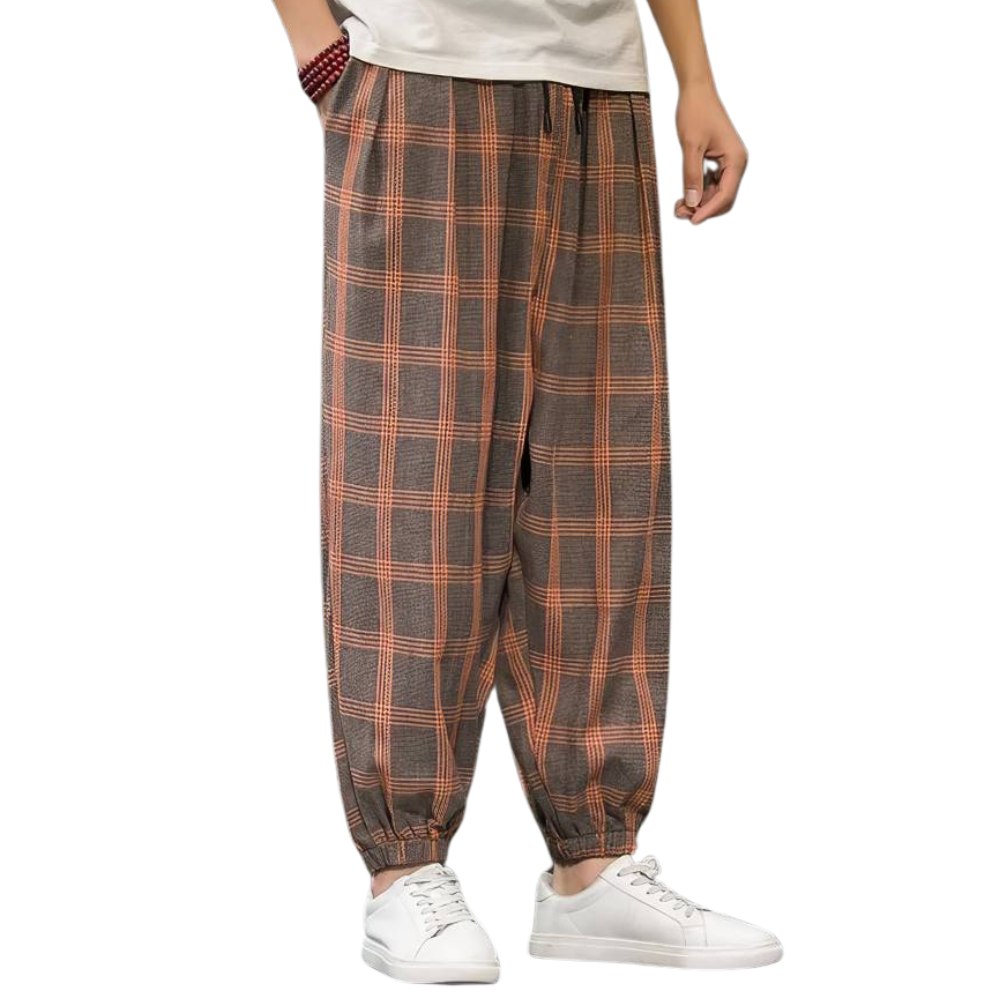 Pantalon large homme marron et orange à motif écossais avec taille élastique et bas resserré