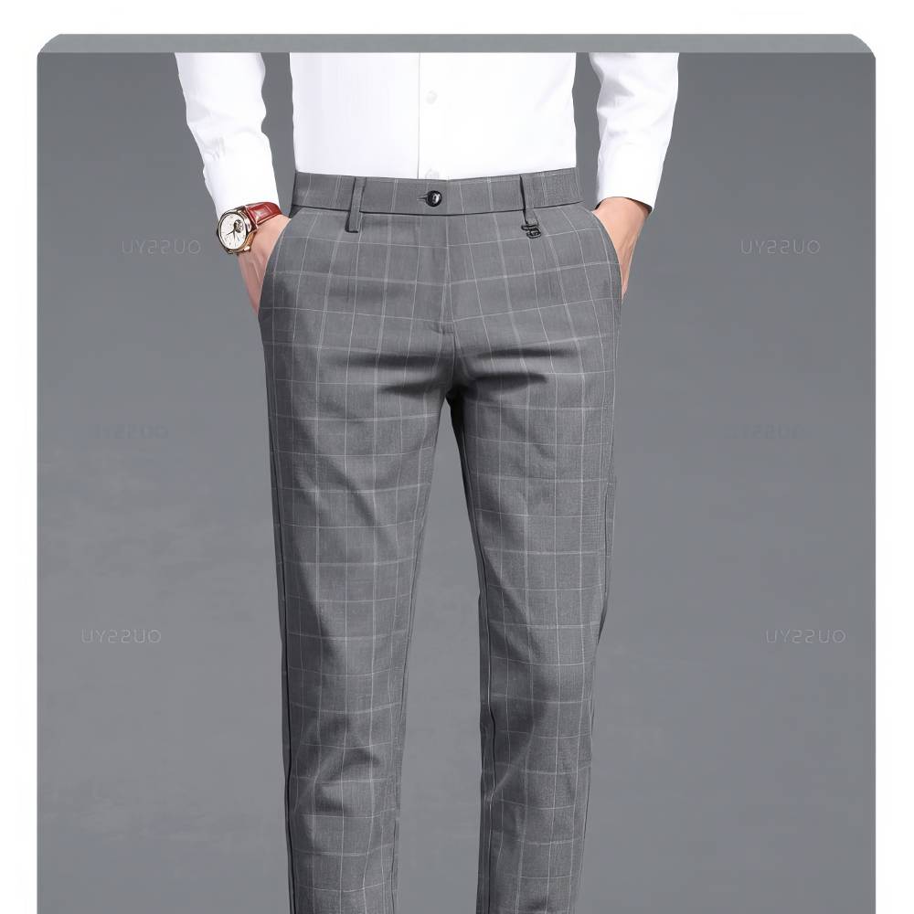 Pantalon professionnel homme gris à motif écossais avec poches latérales, vue avant mi-corps