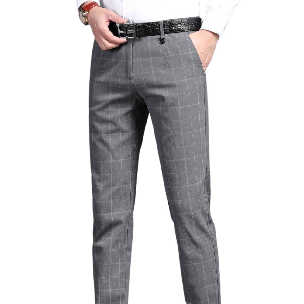 Pantalon professionnel homme gris à motif écossais avec ceinture noire, coupe droite élégante