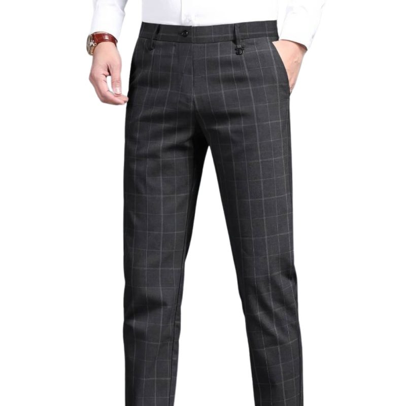 Pantalon professionnel homme noir à motif écossais subtil avec fines lignes blanches, coupe droite élégante