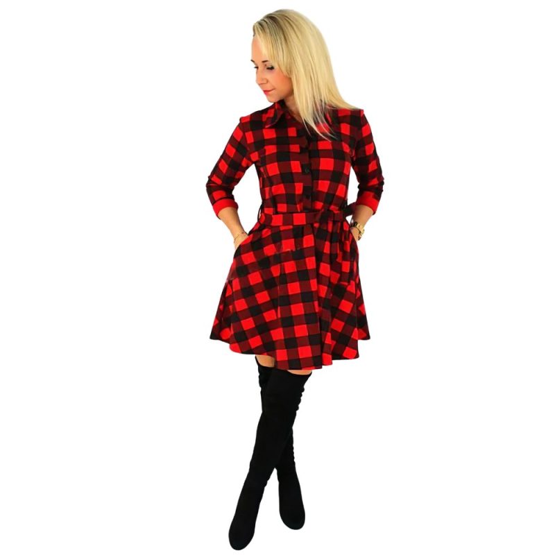 Robe chemise écossaise noire à carreaux rouges manches longues avec ceinture, style casual chic