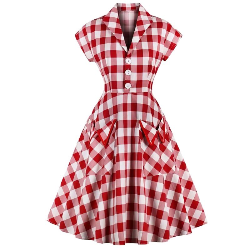 Robe écossaise à carreaux rouge et blanc années 50 avec col en V, manches courtes, boutons blancs et jupe évasée à poches