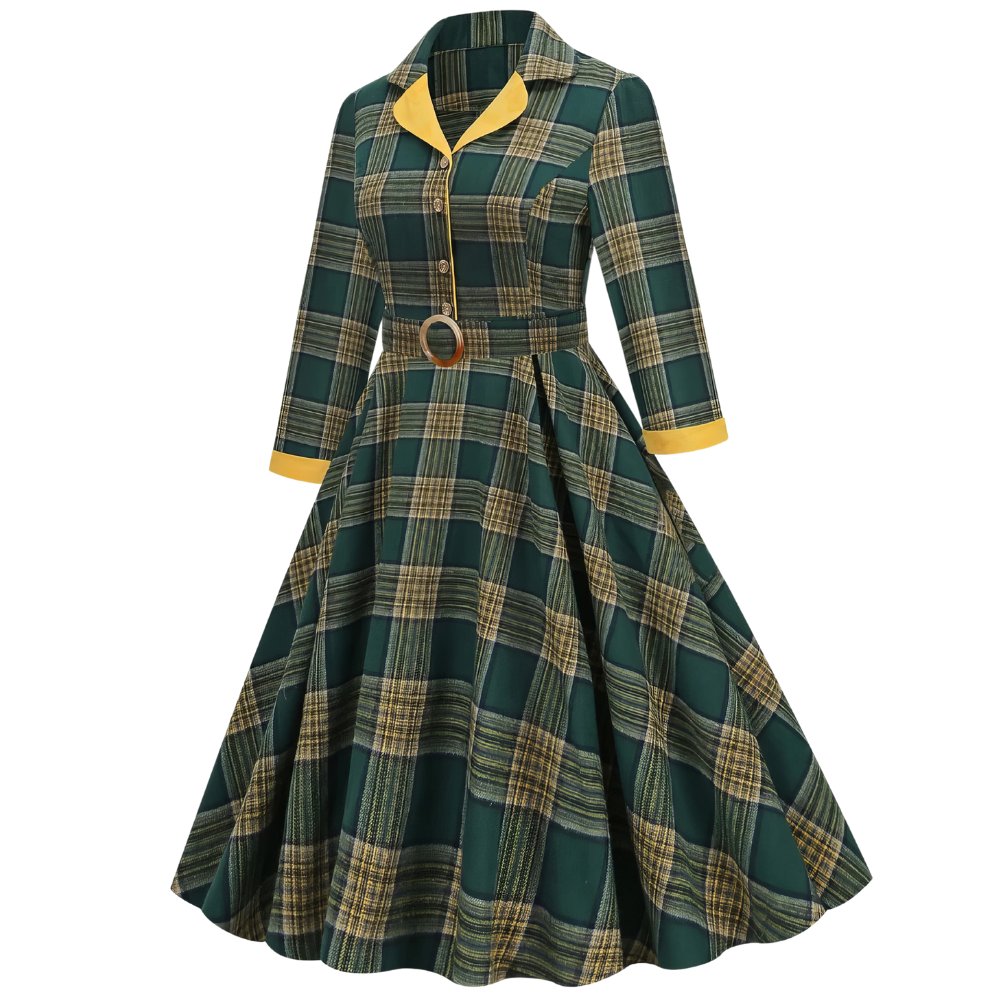 Robe écossaise à carreaux vert et jaune avec ceinture boucle, manches 3/4, col et poignets jaunes