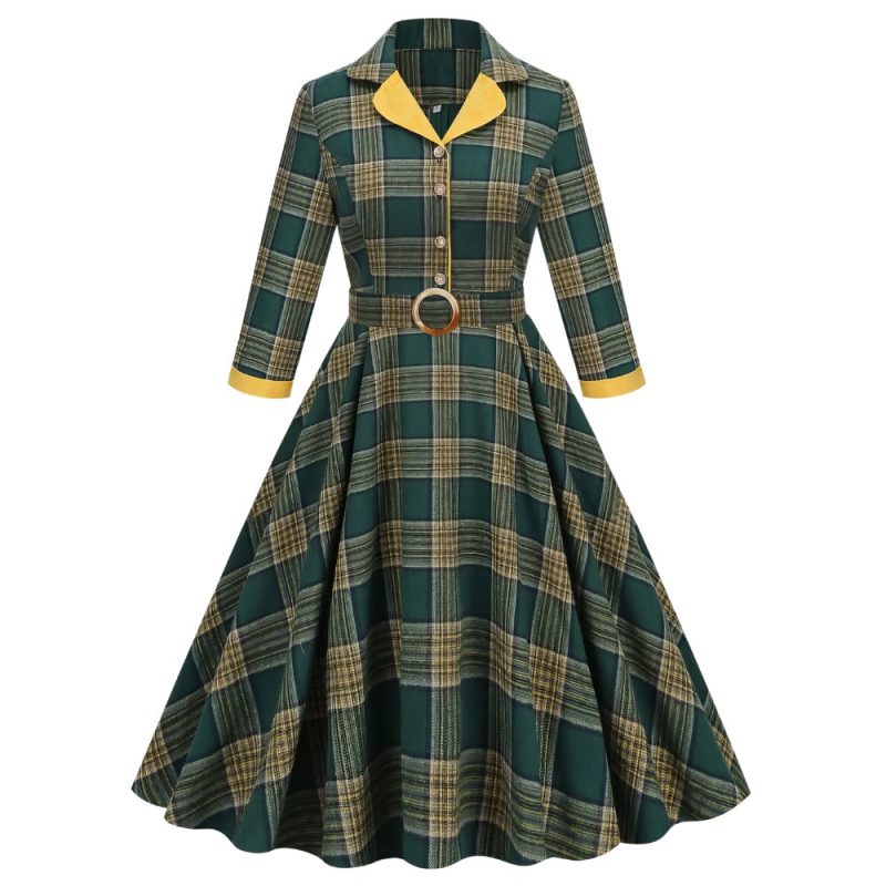 Robe écossaise à carreaux vert et jaune avec ceinture boucle ronde, manches 3/4 et col vintage