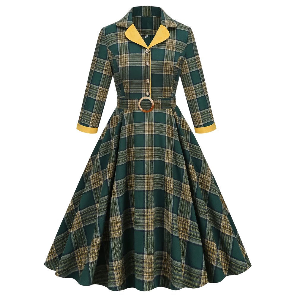 Robe écossaise à carreaux vert et jaune avec ceinture boucle ronde, manches 3/4 et col vintage