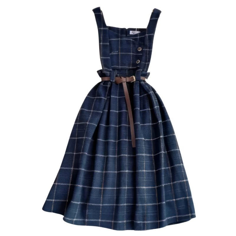 Robe écossaise chasuble bleu marine à carreaux blancs avec ceinture marron