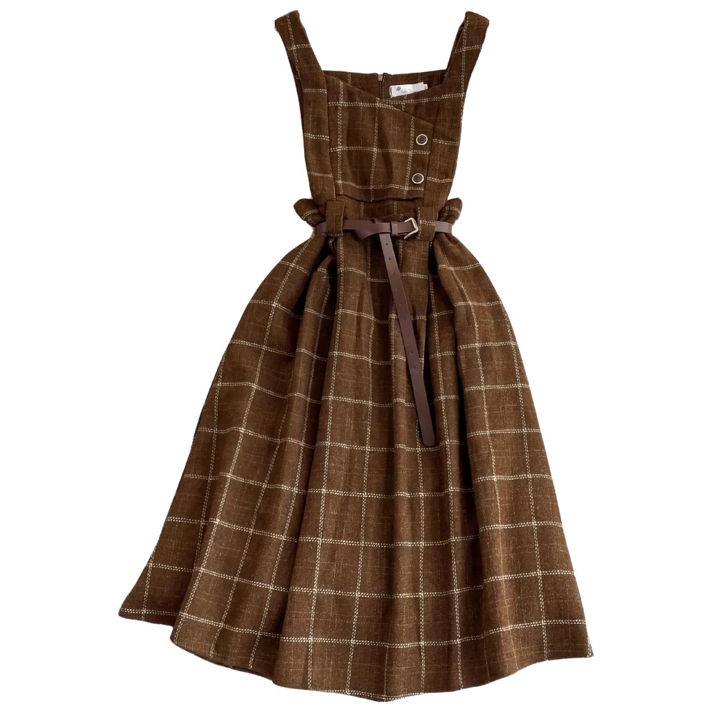Robe écossaise chasuble marron en tissu à motif tartan avec ceinture fine marron