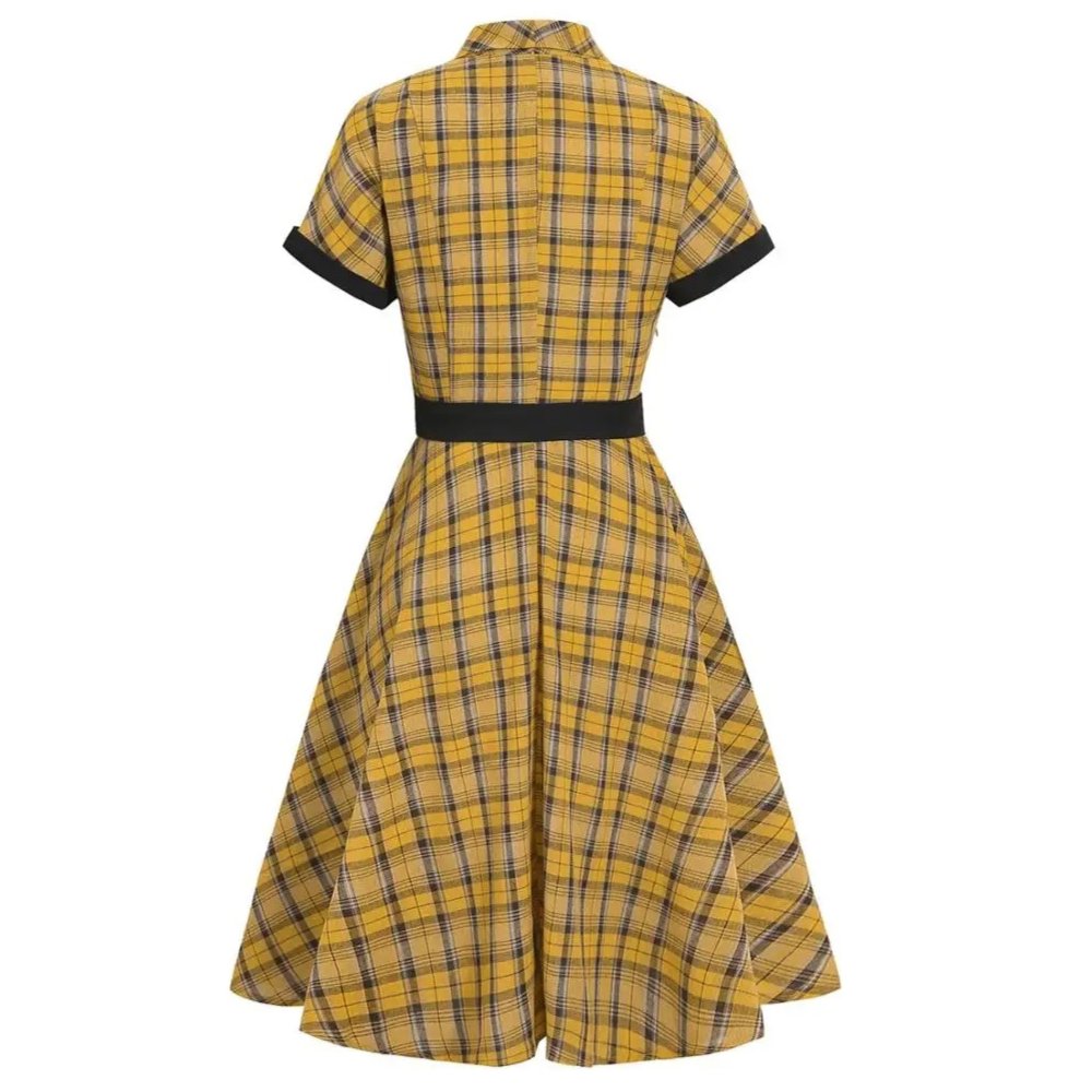 Robe écossaise jaune à carreaux avec ceinture noire et manches courtes vue de dos
