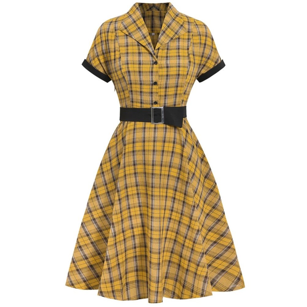 Robe écossaise jaune à carreaux avec ceinture noire et manches courtes retroussées