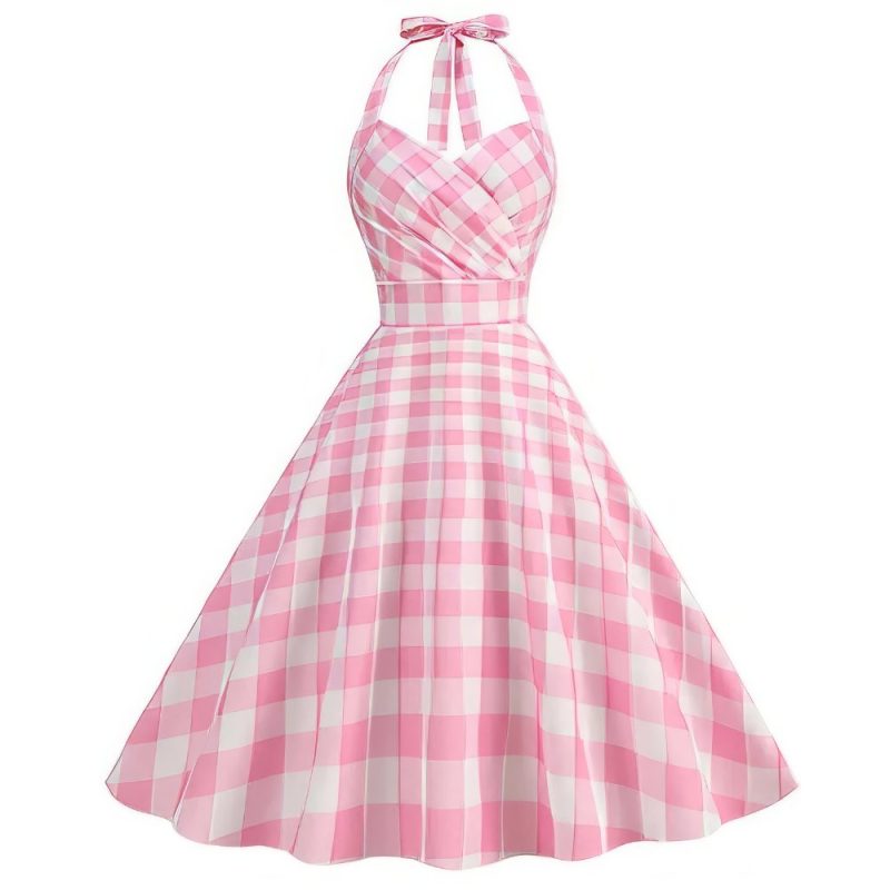 Robe écossaise vintage à carreaux rose et blanc dos nu avec col halter et jupe évasée