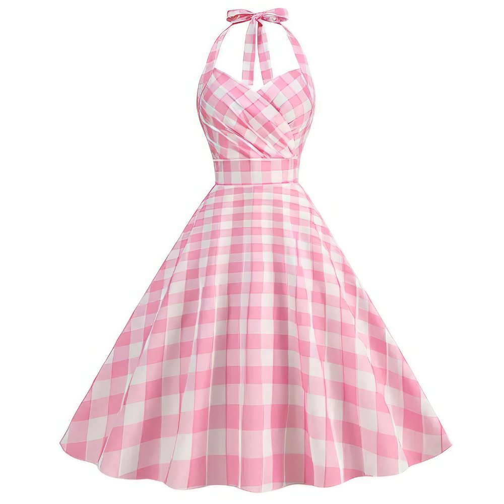 Robe écossaise vintage à carreaux rose et blanc dos nu avec col halter et jupe évasée