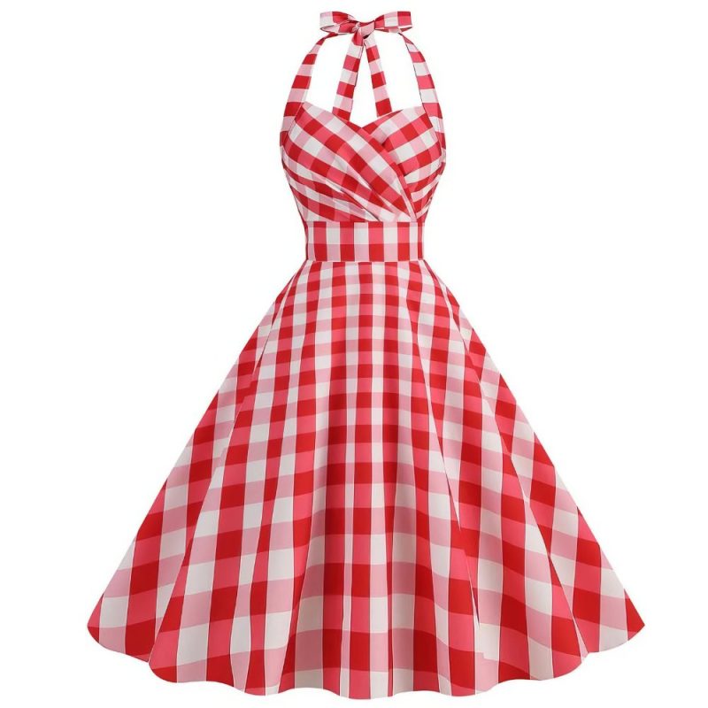 Robe écossaise vintage à carreaux rouge et blanc avec dos nu et col halter
