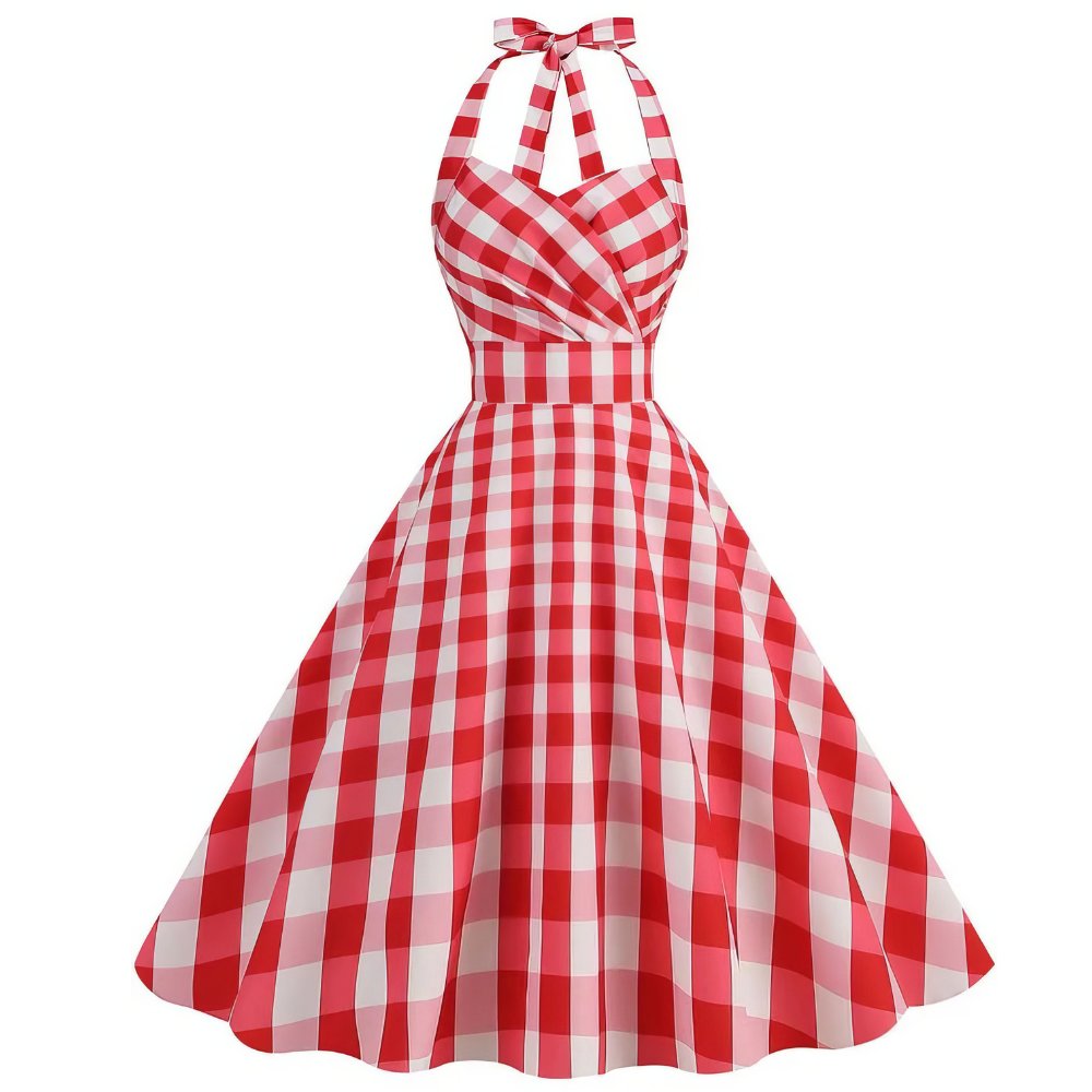 Robe écossaise vintage à carreaux rouge et blanc avec dos nu et col halter