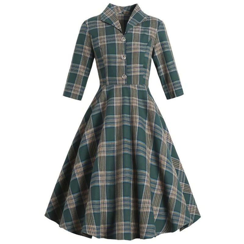 Robe écossaise vintage à carreaux vert et beige avec manches trois-quarts et col chemise