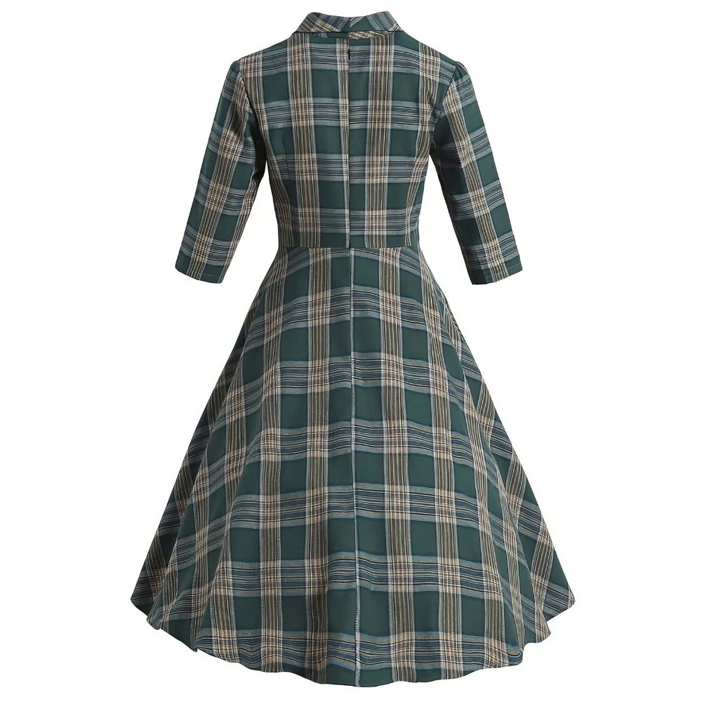 Robe écossaise vintage à carreaux vert et beige vue de dos avec manches trois-quarts et jupe évasée
