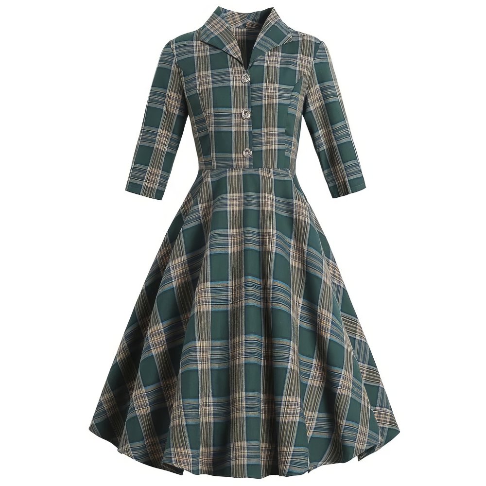 Robe écossaise vintage à carreaux vert et beige avec manches trois-quarts et col chemise