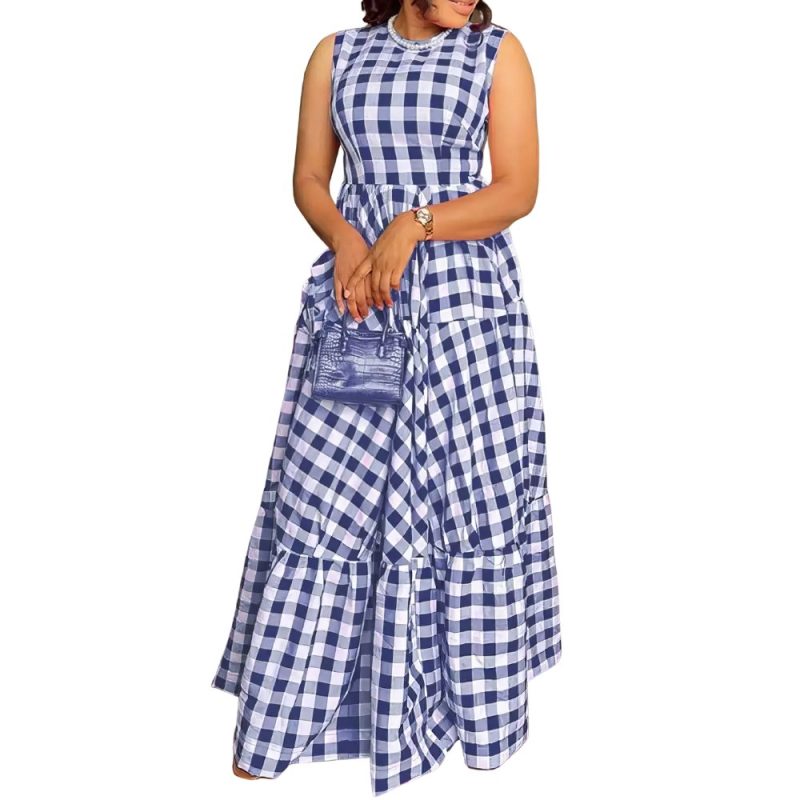 Robe longue écossaise vintage à carreaux bleu et blanc sans manches avec jupe ample et coupe élégante