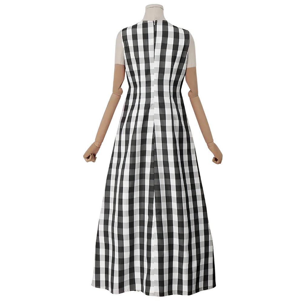 Robe longue écossaise vintage à carreaux noir et blanc vue de dos avec motif tartan classique