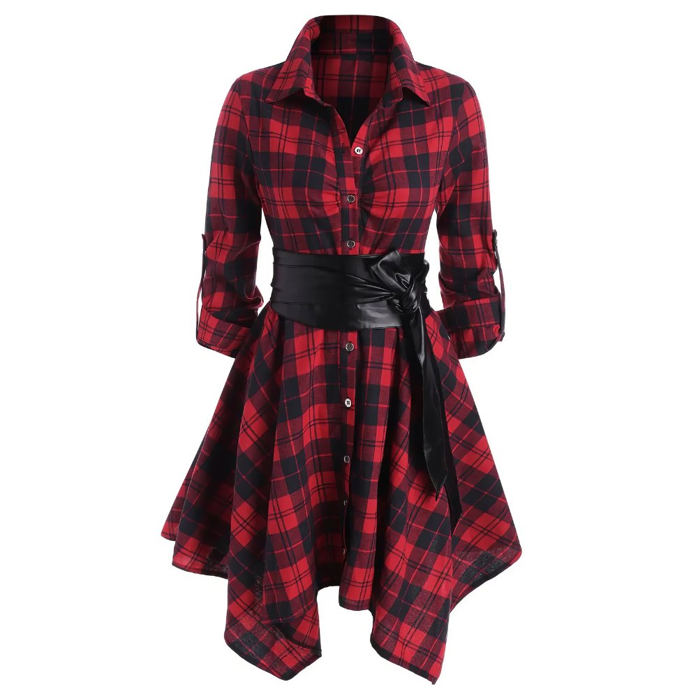 Robe tartan rouge et noir à manches longues avec ceinture noire large nouée, coupe évasée asymétrique