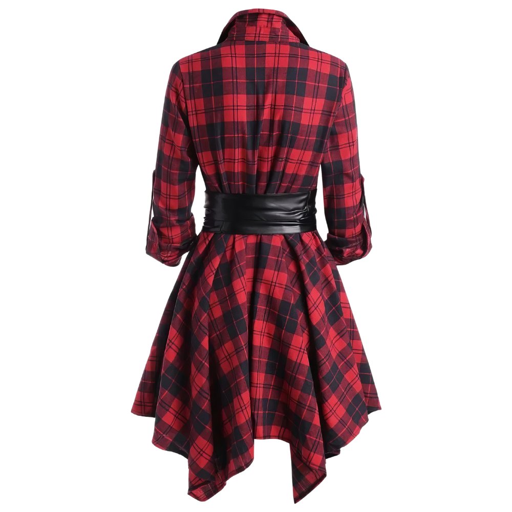 Robe tartan manches longues rouge et noir vue de dos avec ceinture noire large