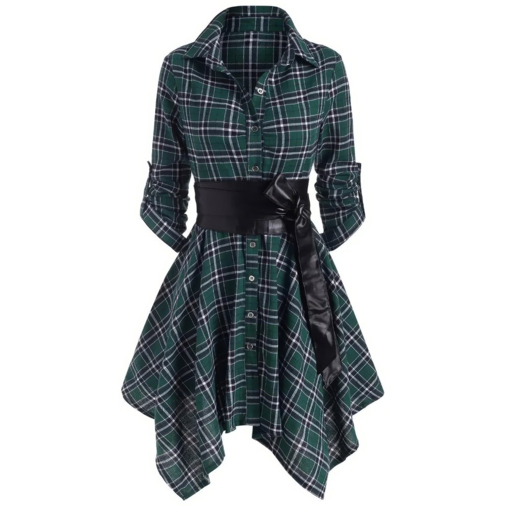 Robe tartan manches longues vert et noir avec ceinture large noire nouée à la taille et ourlet asymétrique