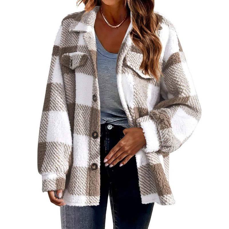 Veste écossaise col rabattu à boutons en tissu épais blanc et gris à carreaux, manches longues bouffantes, coupe droite décontractée