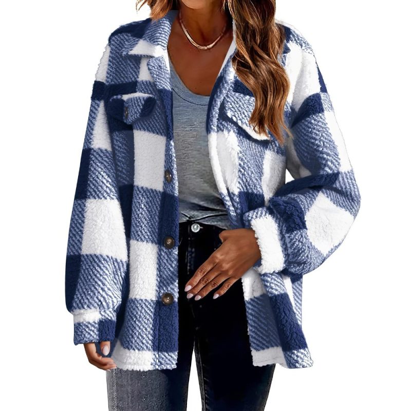 Veste écossaise col rabattu à boutons bleu et blanc en tissu épais à motif tartan, manches longues bouffantes, style casual chic