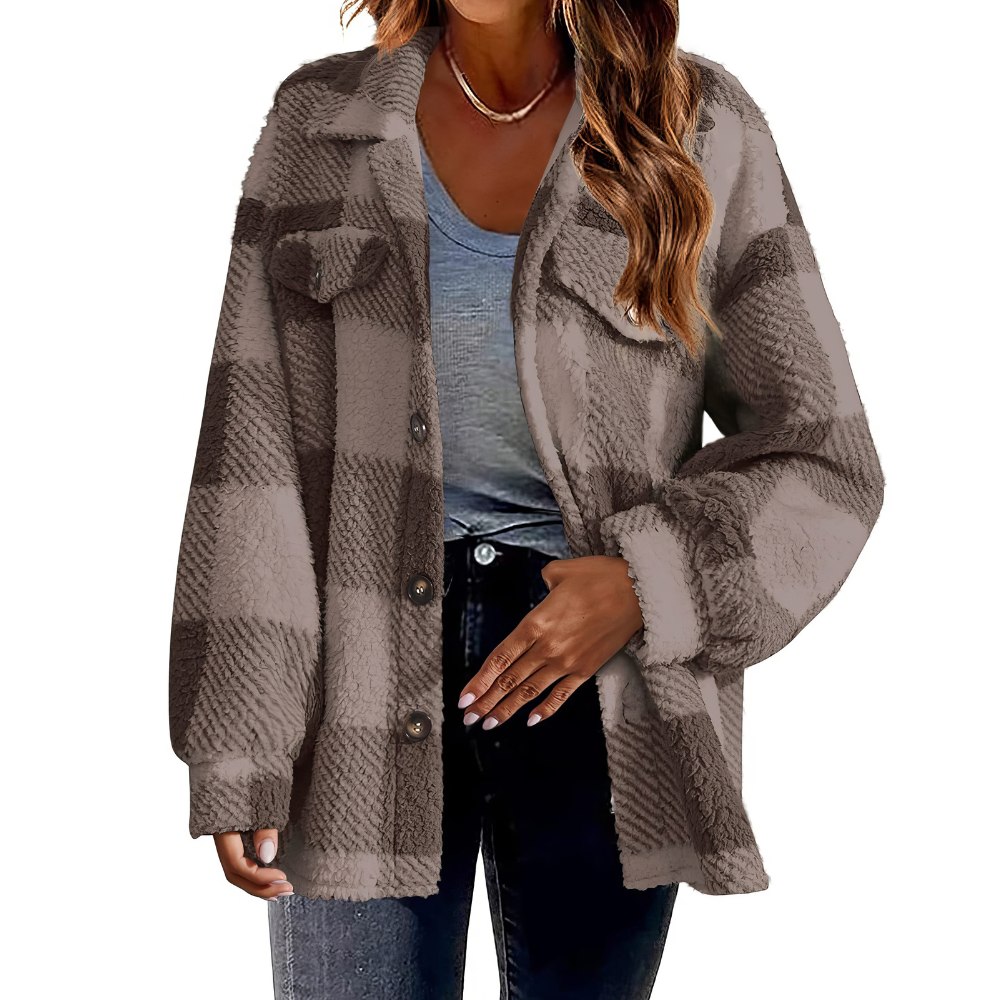 Veste écossaise col rabattu à boutons couleur café en tissu à carreaux, coupe droite avec poches poitrine, style casual chic