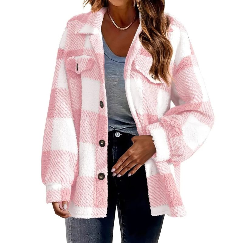 Veste écossaise col rabattu à boutons rose et blanc en tissu épais à motif tartan, coupe décontractée avec poches poitrine à rabat