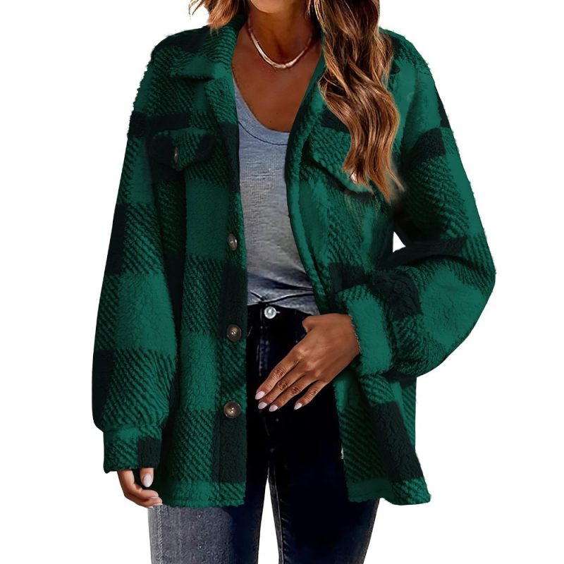 Veste écossaise col rabattu à boutons vert et noir en tissu à carreaux larges, coupe décontractée avec poches poitrine
