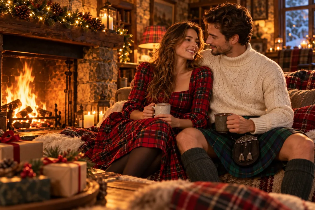Couple en tenue tartan près du feu à Noël
