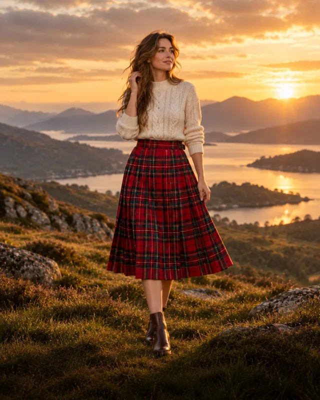 Jupe écossaise plissée en tartan rouge