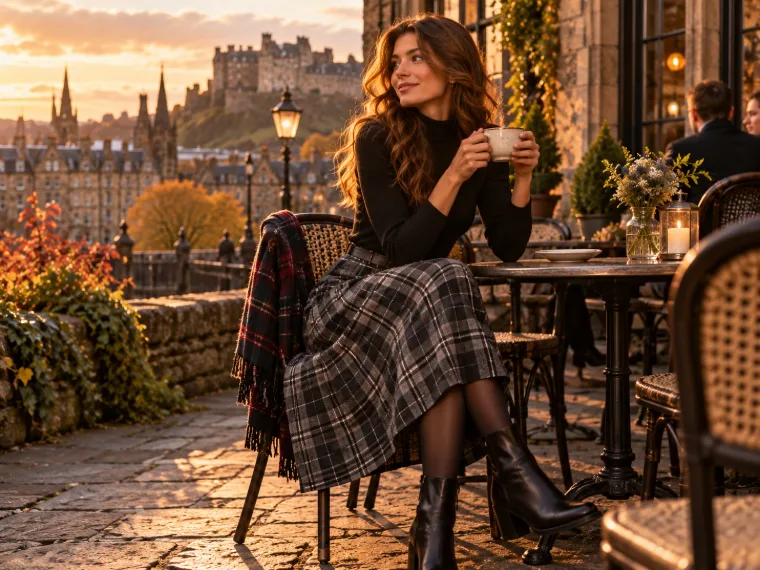 Jupe midi en tartan gris portée au quotidien