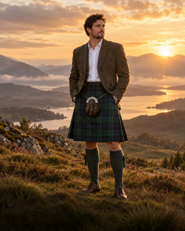 Homme en kilt écossais tartan vert et bleu