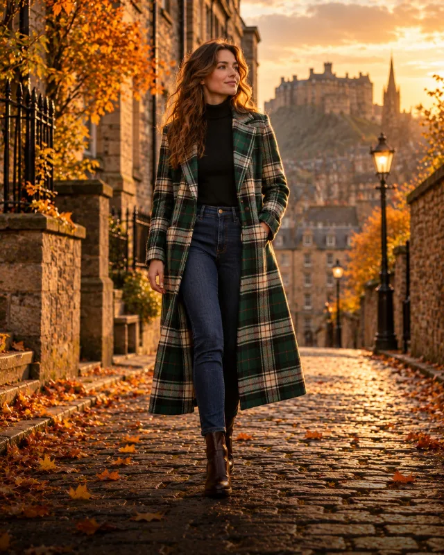 Long manteau écossais en tartan vert