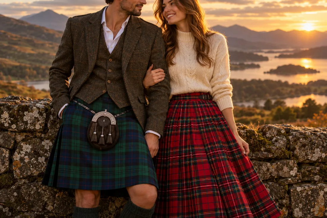 Détail des tartans d’un kilt et d’une jupe écossaise