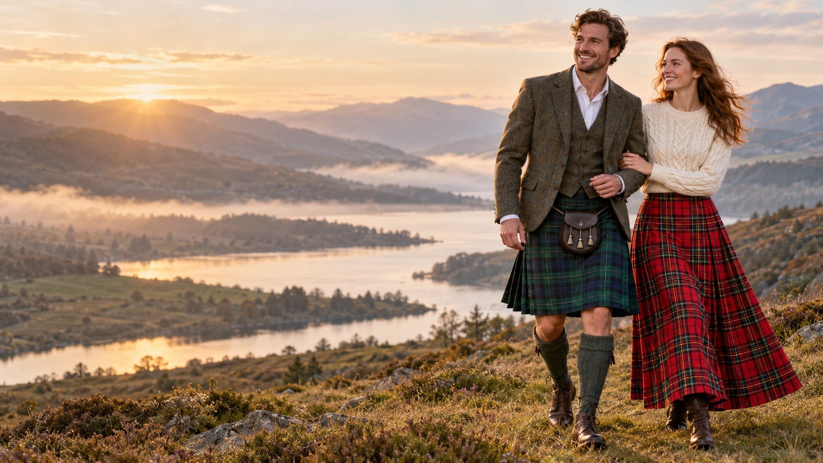 Couple en kilt et jupe en tartan dans les Highlands écossais